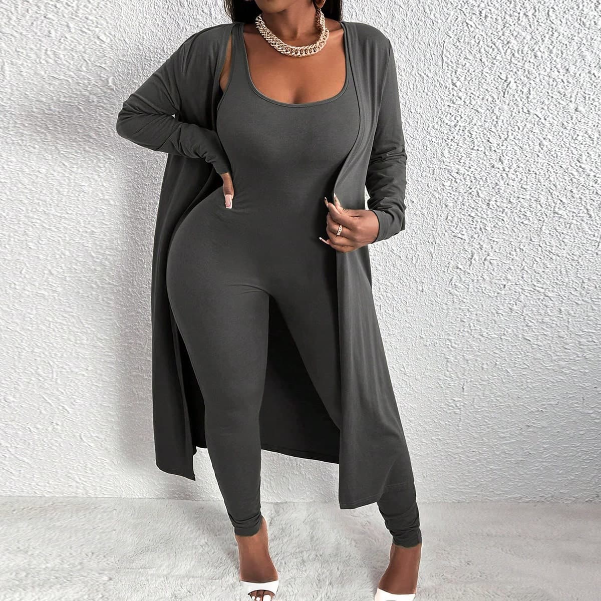 Fondamentaux Pour La Maison, Décontracté Et Polyvalent, Combinaison De Cardigan Et De Gilet En Une Seule Pièce, Ensemble Pour Femmes En Deux